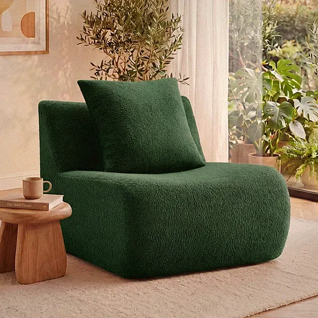 Dark Green Teddy Fleece Armless Single Modular Sofa with Throw Pillow