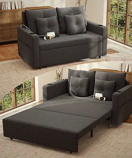 Dark Grey 3-in-1 Convertible Sofa Bed with Cup Holders & USB Charging