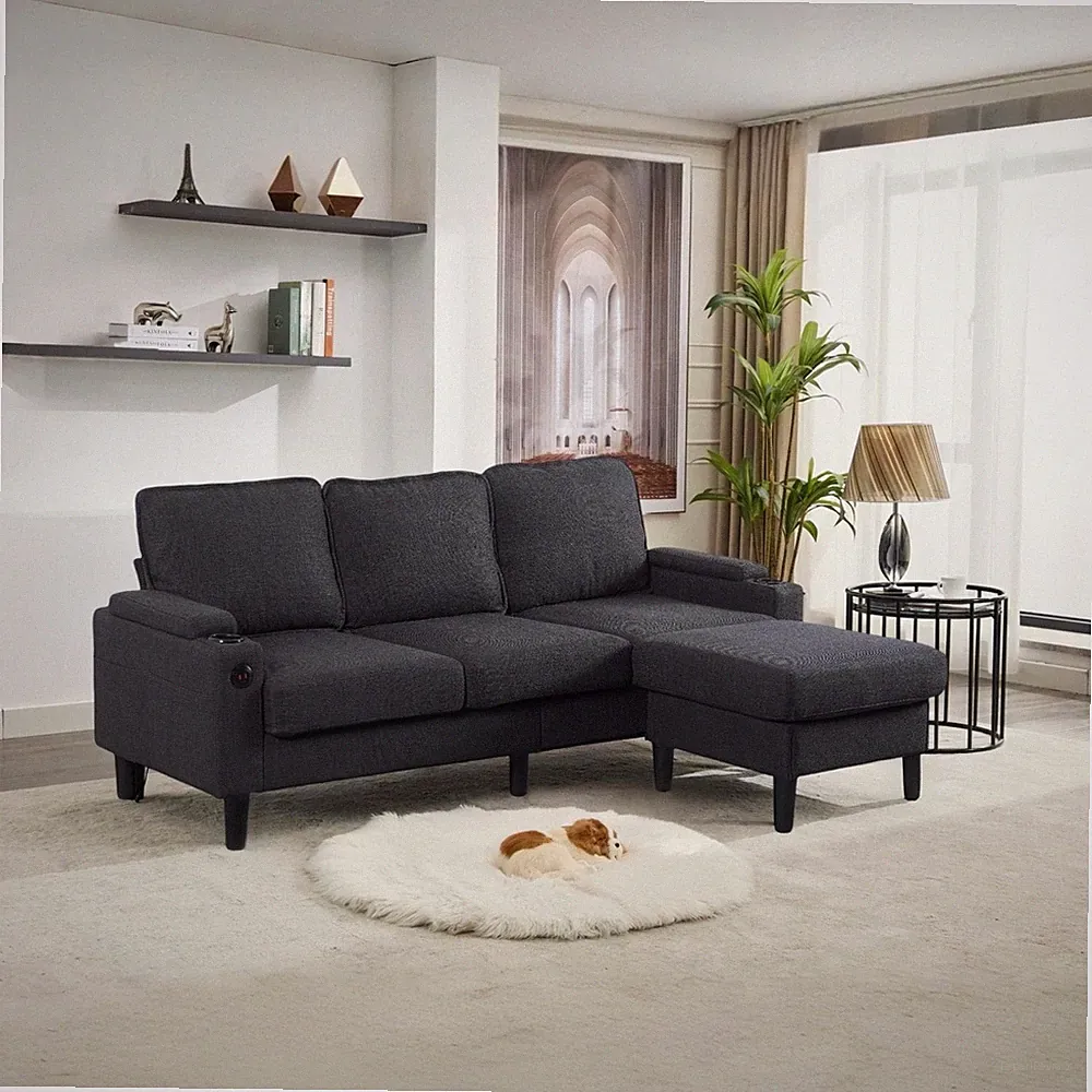 Dark Grey 3-Seat L-Shaped Sectional Sofa w/ Storage Ottoman & USB Charging