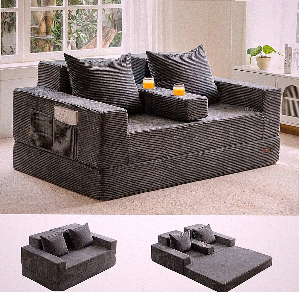 Dark Grey 4-in-1 Loveseat Sofa Bed with Cup Holders - No Assembly Needed