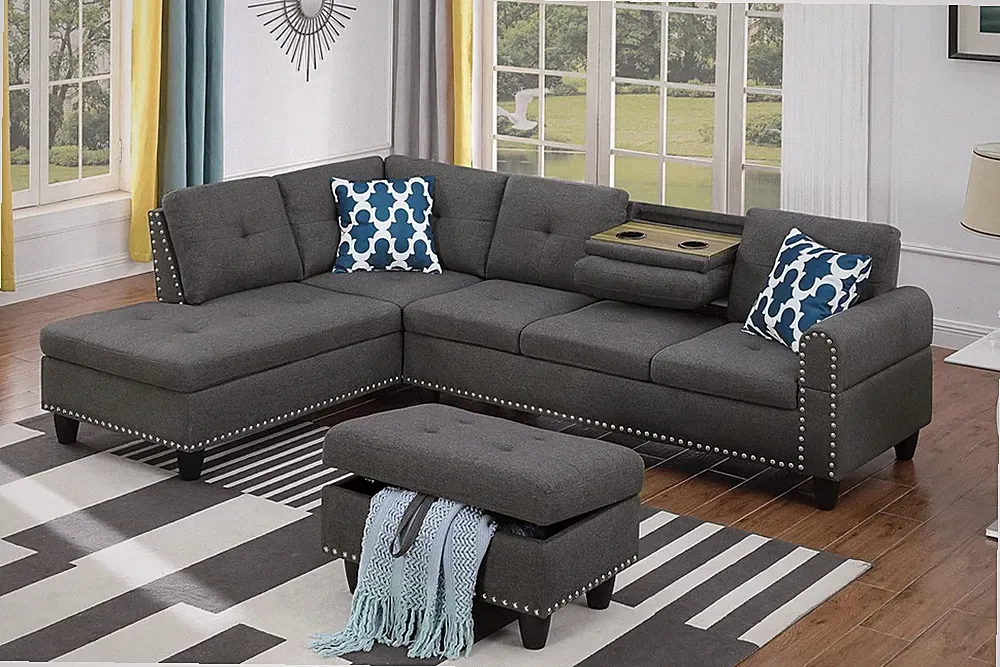 Dark Grey 98" L-Shaped Sectional Sofa with Storage Ottoman & Cup Holders