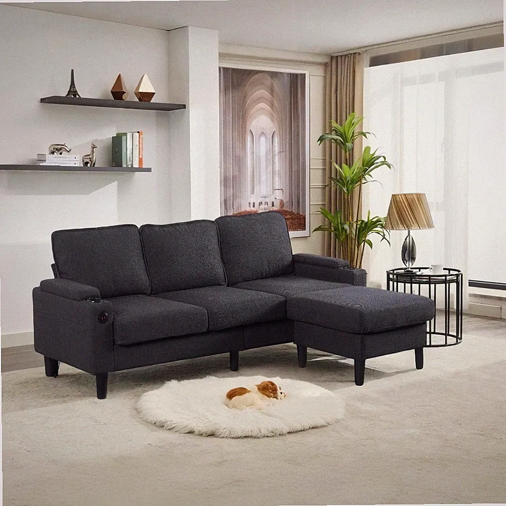 dark grey color knock down 3-seat combo sofa w/storage ottoman for living room a