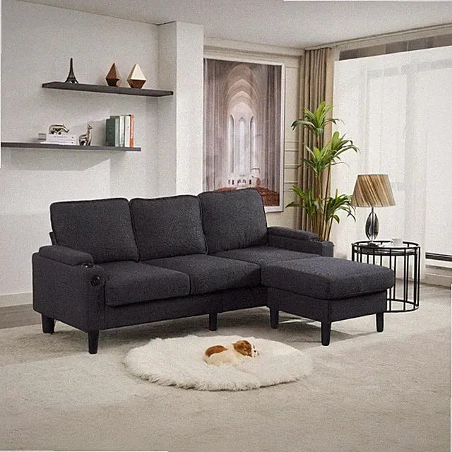 dark grey color knock down 3-seat combo sofa with storage ottoman for living r