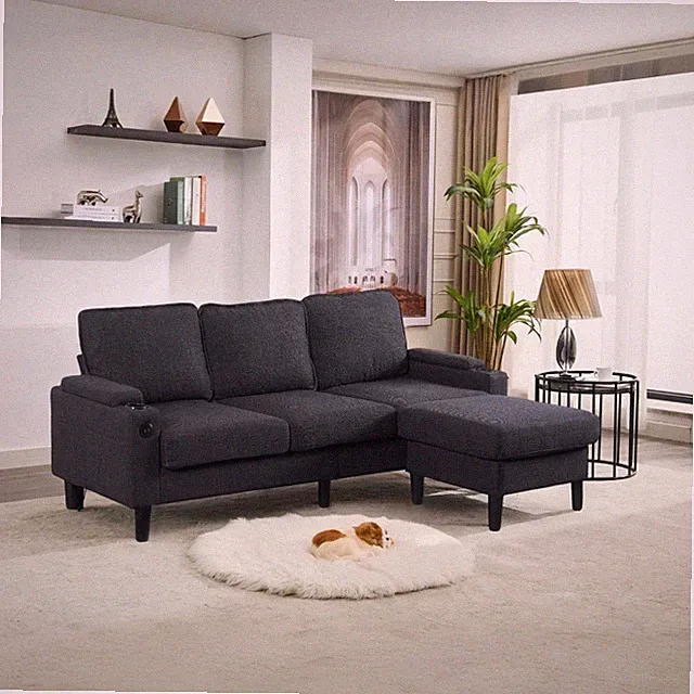 dark grey color knock down 3-seat combo sofa with storage ottoman for living ro