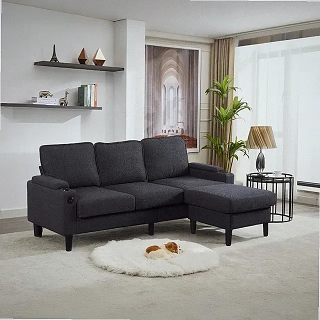 dark grey color knock down 3-seat combo sofa with storage ottoman for living roo