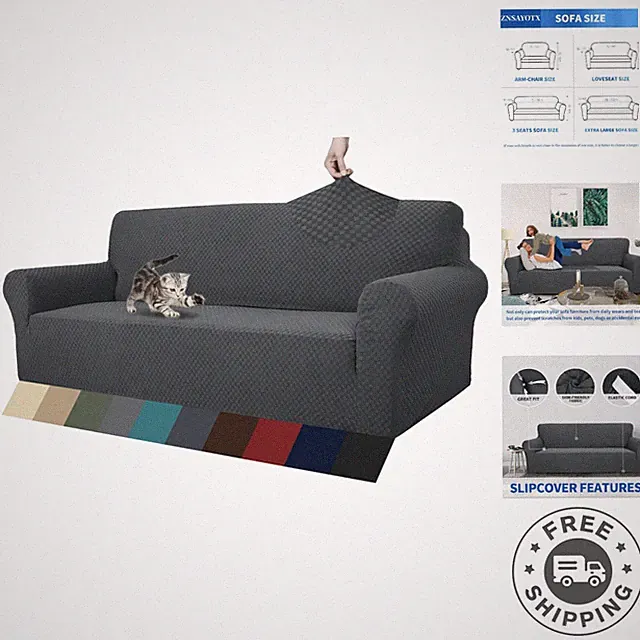 Dark Grey Jacquard Couch Cover for 3-Cushion Sofas - Pet Friendly Protection