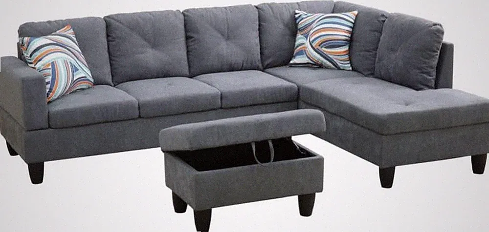 Dark Grey L-Shaped 3-Piece Flannelette Sofa with Storage Ottoman Set, Sectional