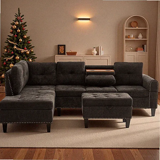 Dark Grey L-Shaped 4-Seater Modular Couch with Storage Ottoman