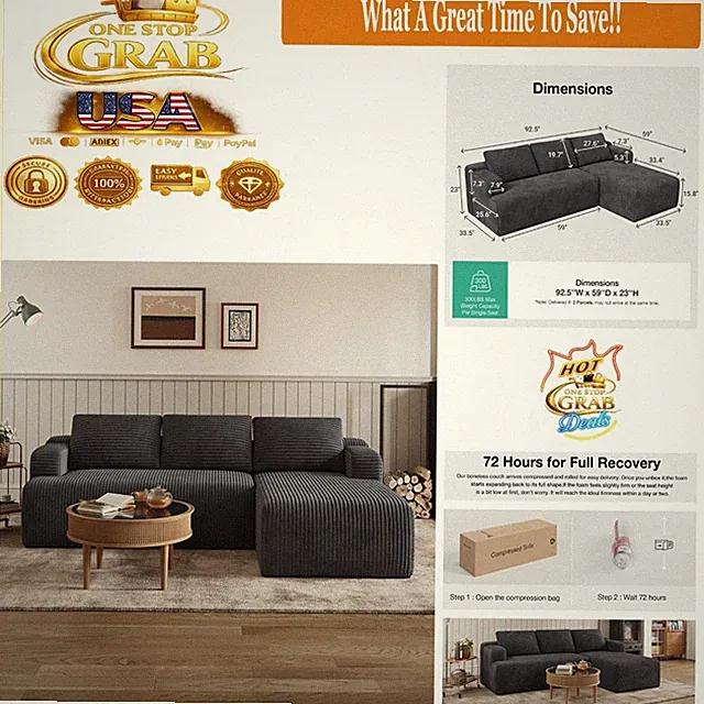 Dark Grey L-Shaped Sectional Couch Modern Corduroy No Assembly