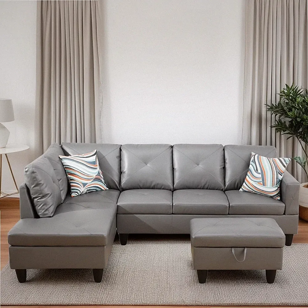 Dark Grey L-Shaped Sectional Sofa with Storage Ottoman for Living Room