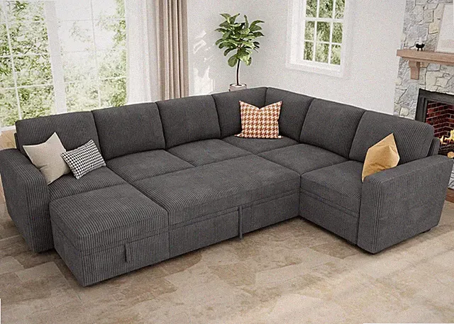 Dark Grey Modular Sectional Couch with Pull-Out Bed & Storage Ottoman