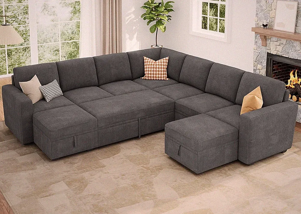 Dark Grey Modular Sectional Sleeper Sofa with Pull Out Bed & Storage