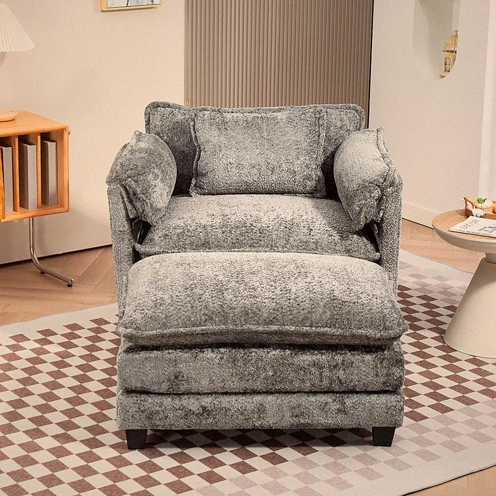 DARK GREY Oversized Boucle Sofa Bed – Portable Ottoman, Wider Seat,Deep Cushions