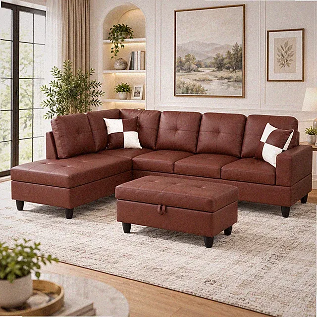 Dark Red Faux Leather 3-Piece Living Room Sofa Set A