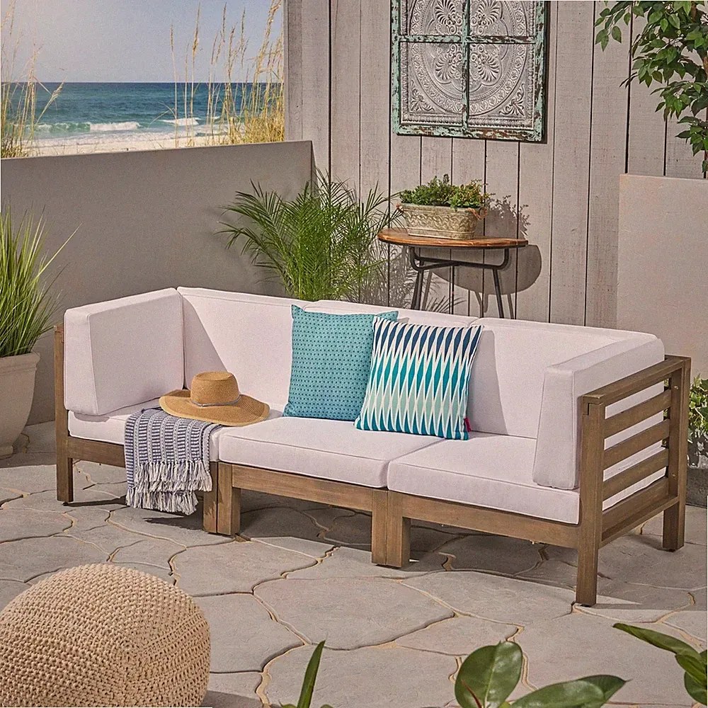 Dawson Outdoor Sectional Sofa Set - 3-Seater - Acacia Wood - Outdoor Cushions