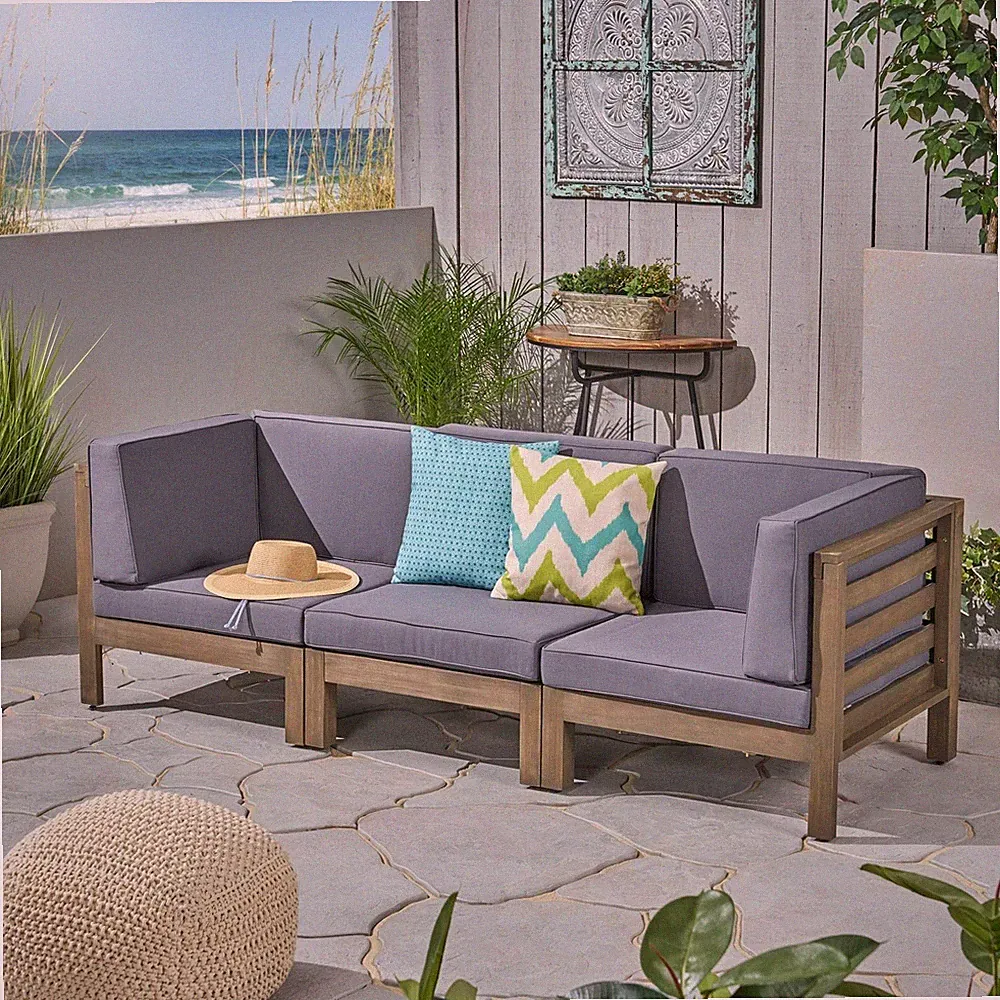 Dawson Outdoor Sectional Sofa Set - 3-Seater - Acacia Wood - Outdoor Cushions