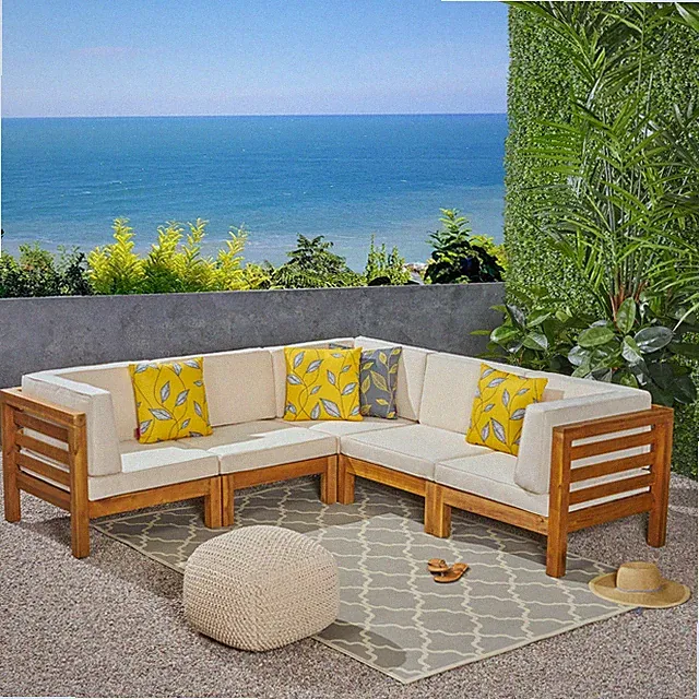 Dawson Outdoor V-Shaped Sectional Sofa Set - 5-Seater - Acacia Wood - Outdoor Cu