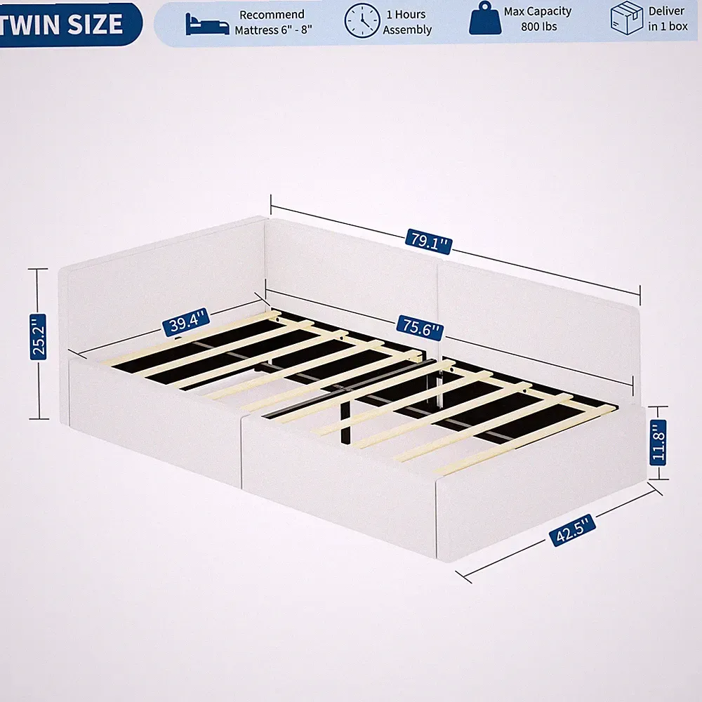 Daybed Frame Twin Size Platform Bed Frame Slats Support Sofa Bed Split Structure