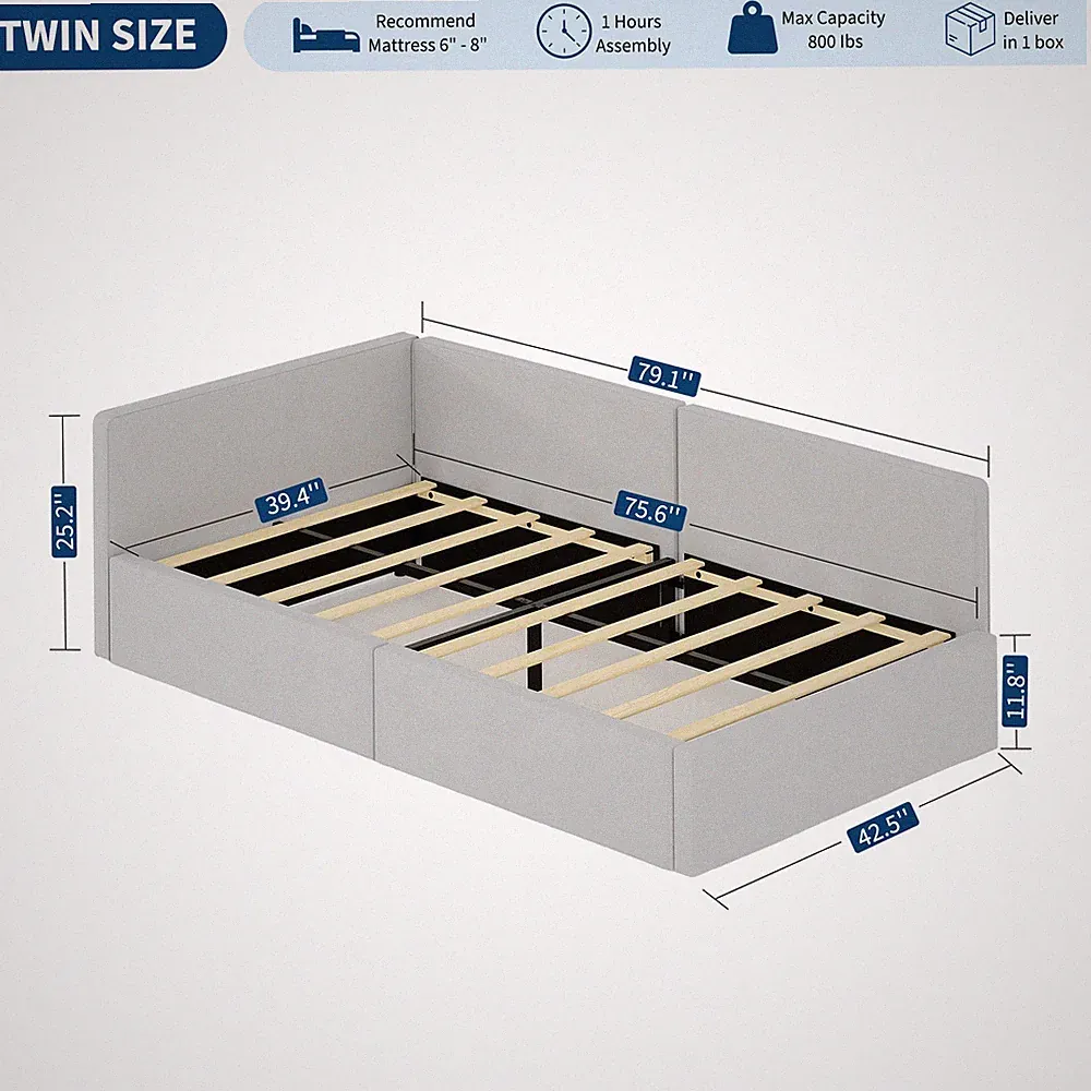 Daybed Frame Twin Size Platform Bed Frame Slats Support Sofa Bed Split Structure