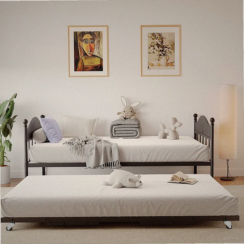 Daybed W/Trundle Twin Bed Frame with Pop Up Foldable Trundle Bed Sofa Bed Frame