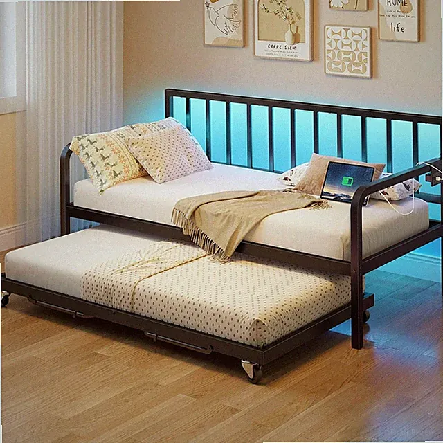 Daybed with Charging Station and LED Lights, Height Adjustable Twin Daybed with