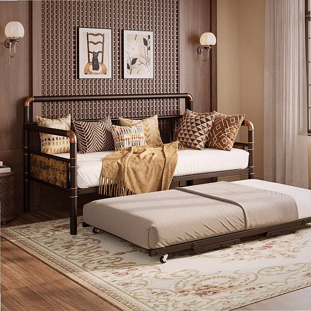 Daybed with Pop Up Trundle Twin Size Sofa Bed Day Bed Frame Metal Easy Assembly