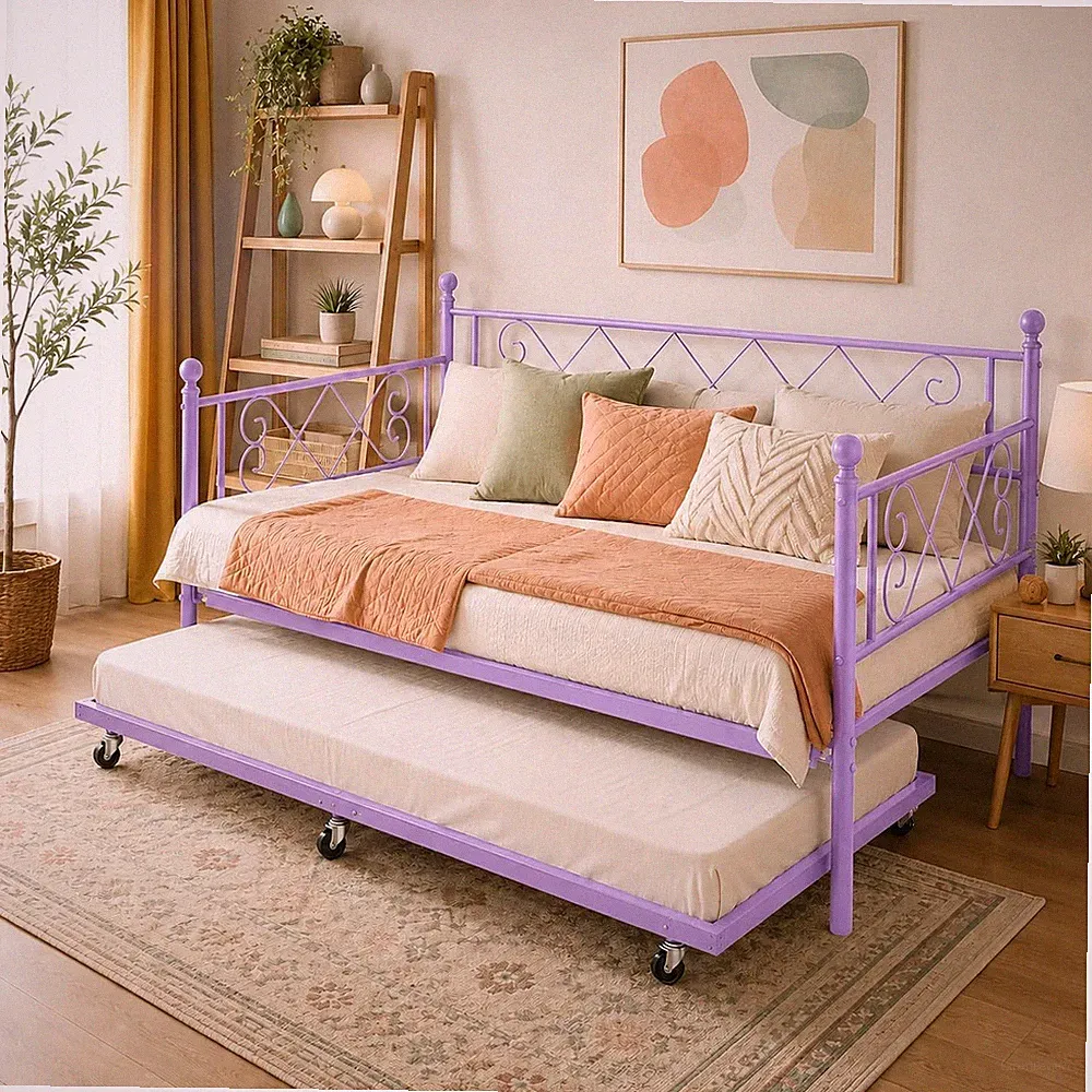 Daybed with Pull Out Trundle, Metal Sofa Bed Frame with Heart Headboard, Steel S