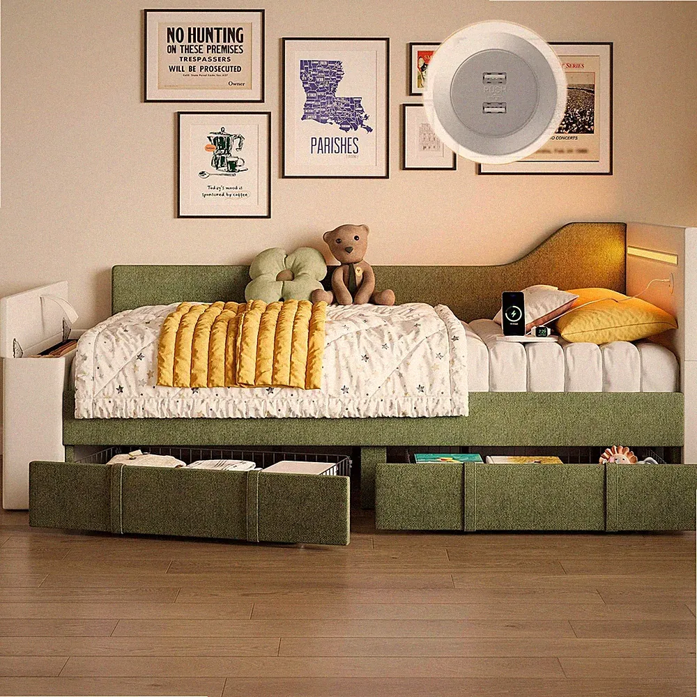 Daybed with Storage Drawers Charging Station LED Twin Sofa Bed PU Leather Green