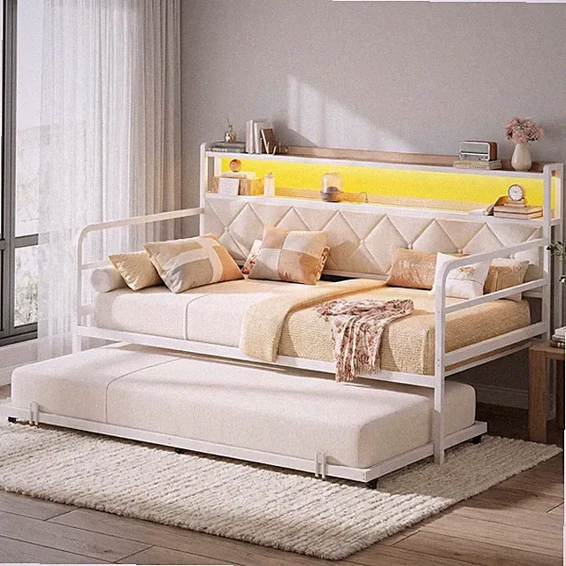 Daybed with Trundle, LED Lights & Charging Station, White Twin Bed Frame