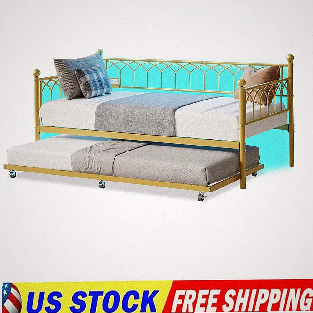 Daybed with Trundle, LED Twin Size Sofa Bed ,Metal Bed Frame Space Saving ,Gold