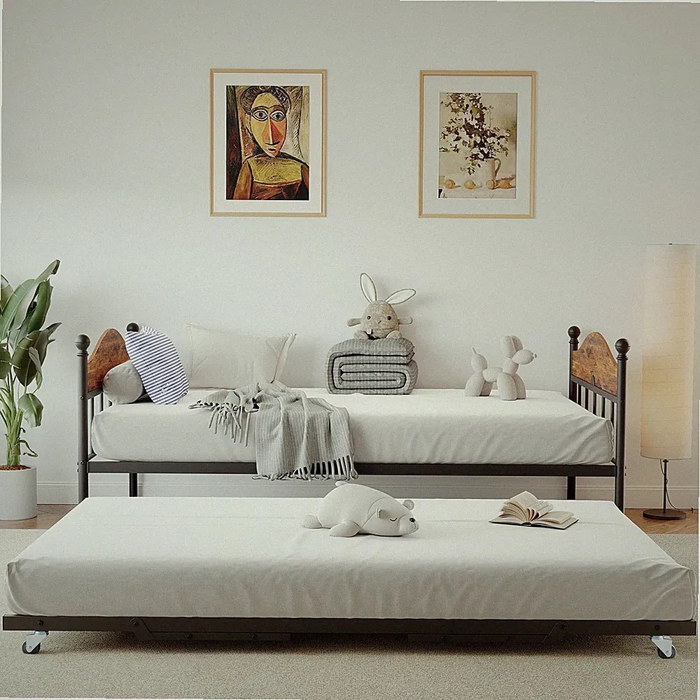 ✅Daybed With Trundle Metal Twin Bed Frame W/Pop Up Foldable Trundle Bed Sofa Bed