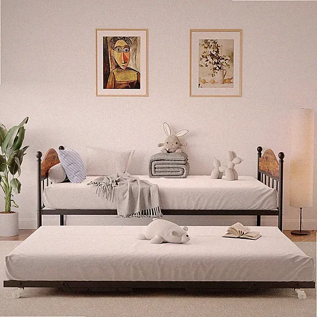 Daybed with Trundle Sturdy Metal Height Adjustable for Guest Living Room Bedroom