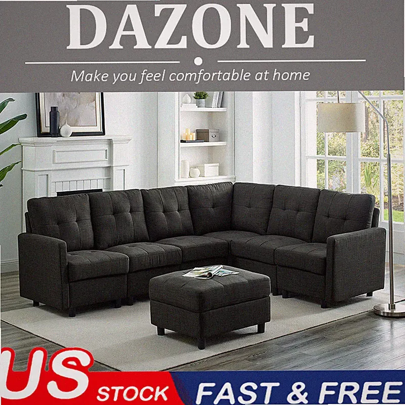 DAZONE Modern Modular Sectional Sofa Set L-Shaped Linen Fabric Couch w/Ottoman