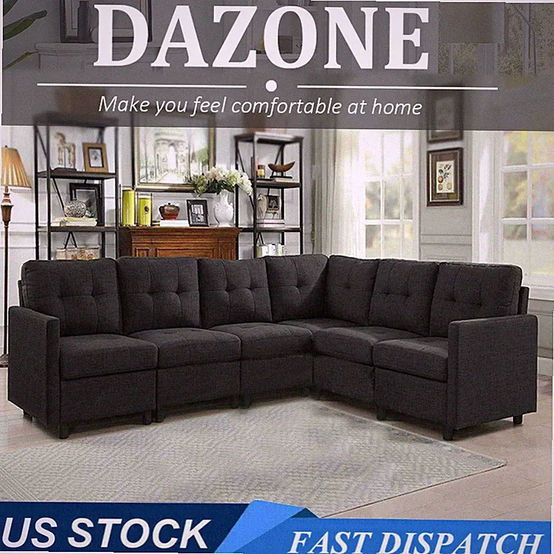 Dazone Modern Sectional Sofa Set 6Pcs L-Shaped Convertible Linen Fabric Couch