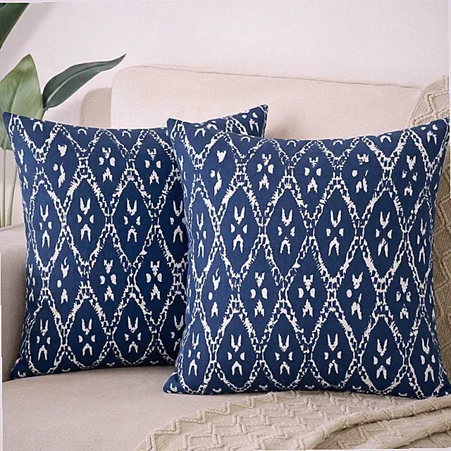 Decorative Indigo Hand Block Cotton Cushion Cover Set of 2- Midnight Ikat Rhythm