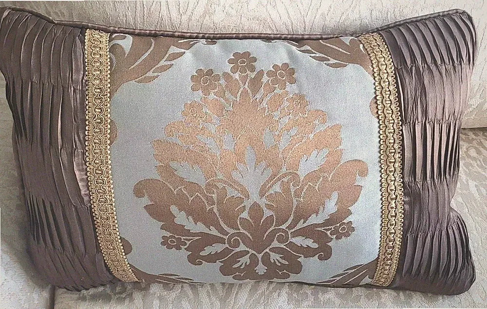 Decorative Lumbar Pillow for Bed/Couch. Brocade fabric, Ruched Back & Trim 10x17