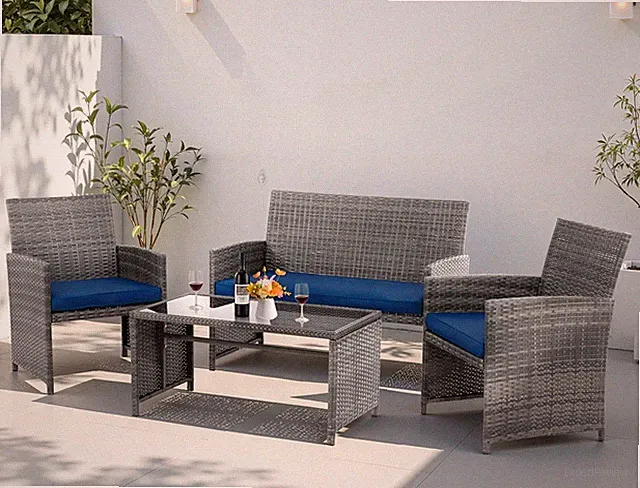 Deep Blue 4-Piece Wicker Patio Furniture Set with Cushions & Glass Tabletop
