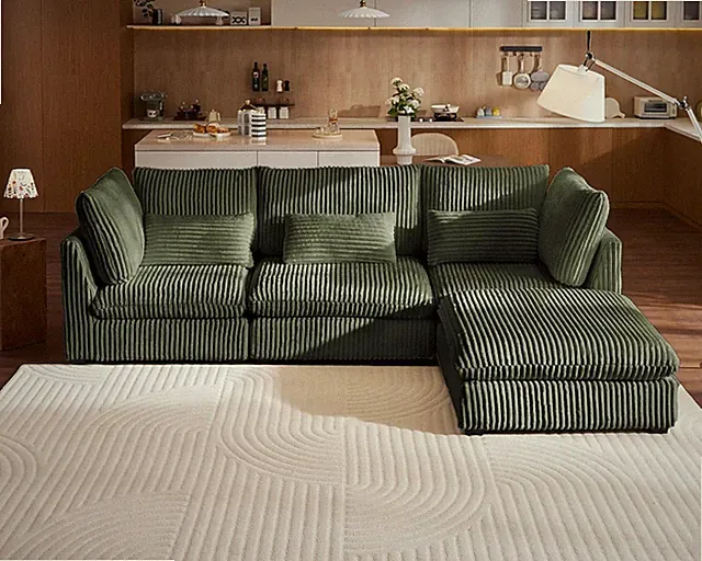 Deep Green Oversized L-Shaped Corduroy Sofa with Ottoman for 4-Seaters