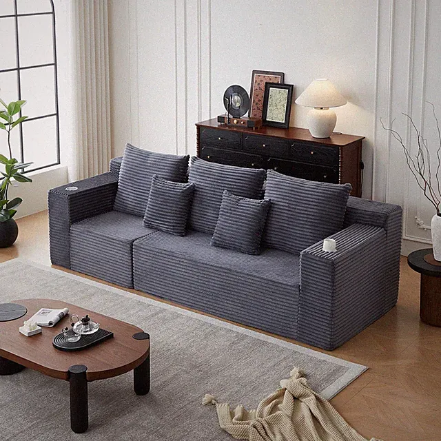 Deep Seat Corduroy Modular Cloud Couch with Cup Holders,No Assembly Required