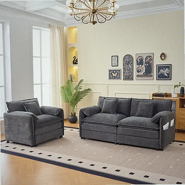 Deep Seat Luxury 2 Piece Loveseat Couch & Sofa Armchair Set,Chenille Cloud Couch