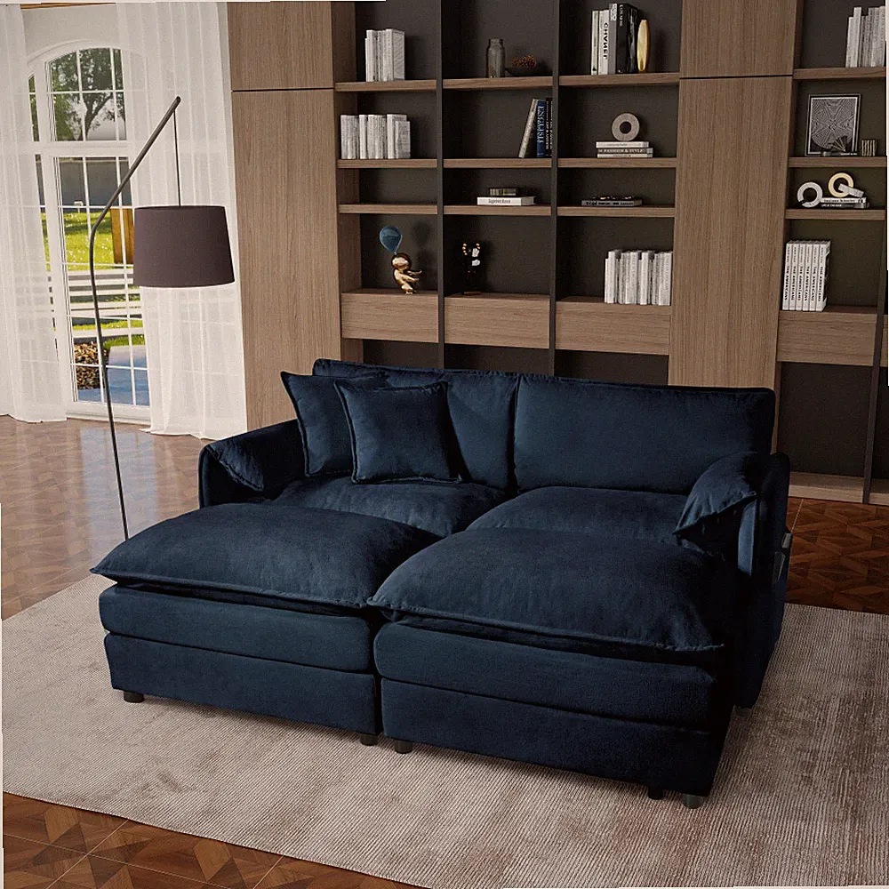 Deep Seat Sectional Cloud Sofa, 2 Ottomans & Soft Pillows, Blue Modular Couch