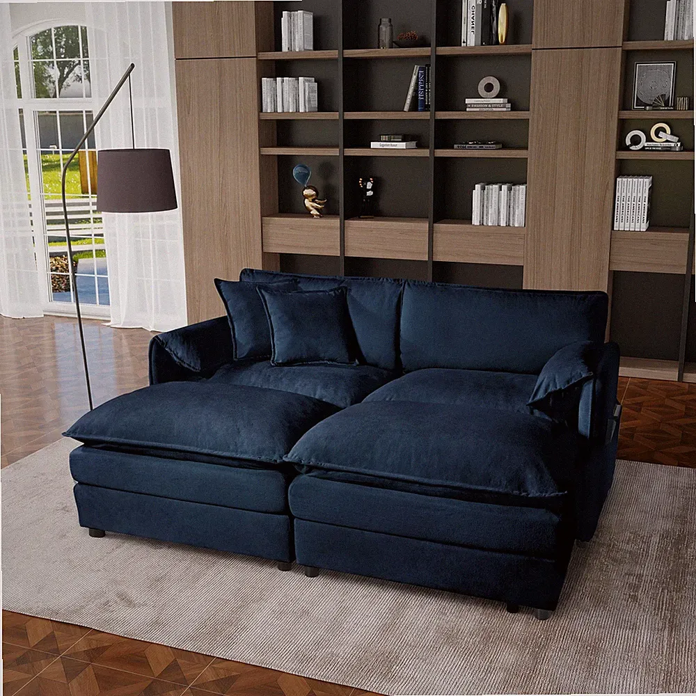 Deep Seat Sectional Cloud Sofa w/2 Ottomans & Soft Pillows, Loveseat Modular C