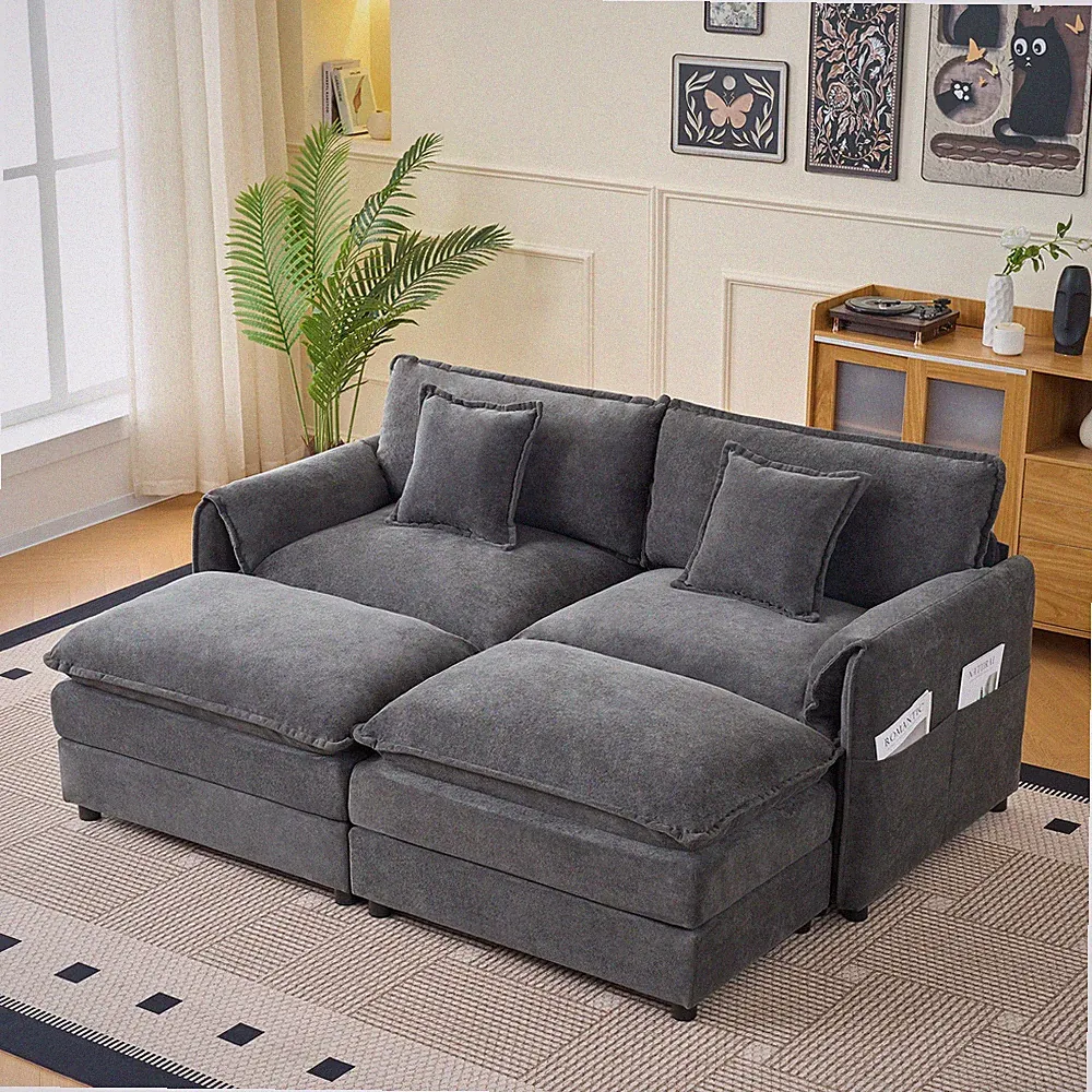 Deep Seat Sectional Cloud Sofa with 2 Ottomans & Soft Pillows, Loveseat Modula