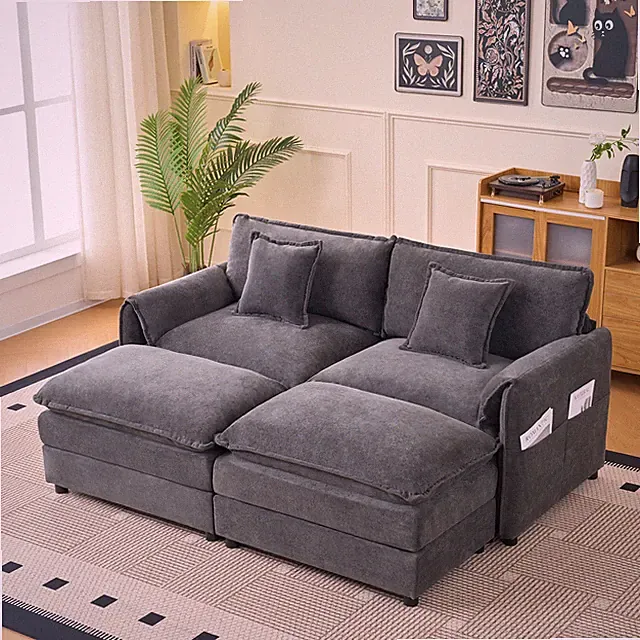 Deep Seat Sectional Cloud Sofa with 2 Ottomans & Soft Pillows, Loveseat Modular