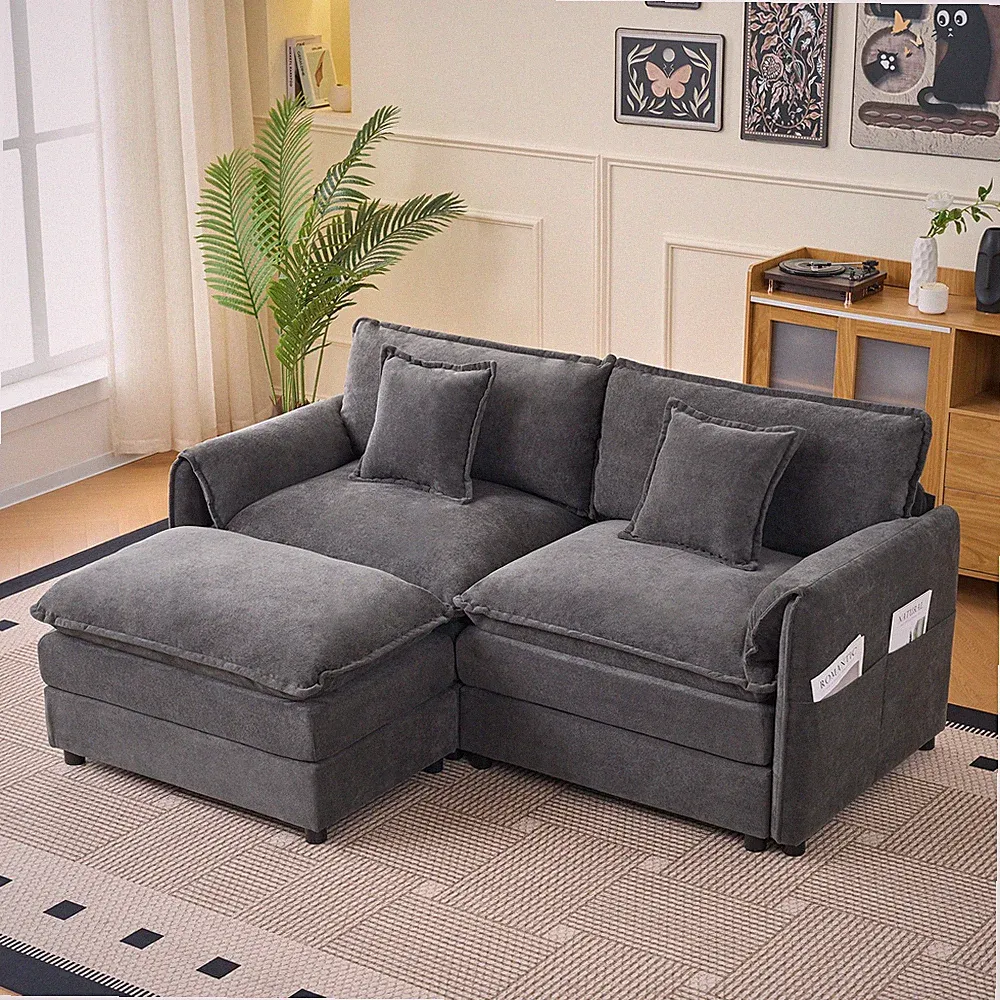 75.59" 2 Seater Modular Chenille Sectional Sofa Loveseat Couch W/ Ottoman Gray