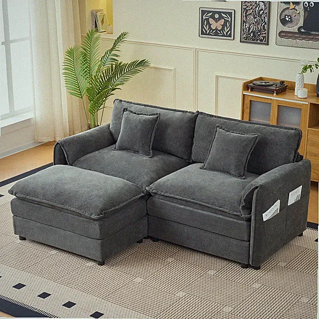 Deep Seat Sectional Sofa Cloud Couch with Ottoman, Modern Chenille Comfy Love
