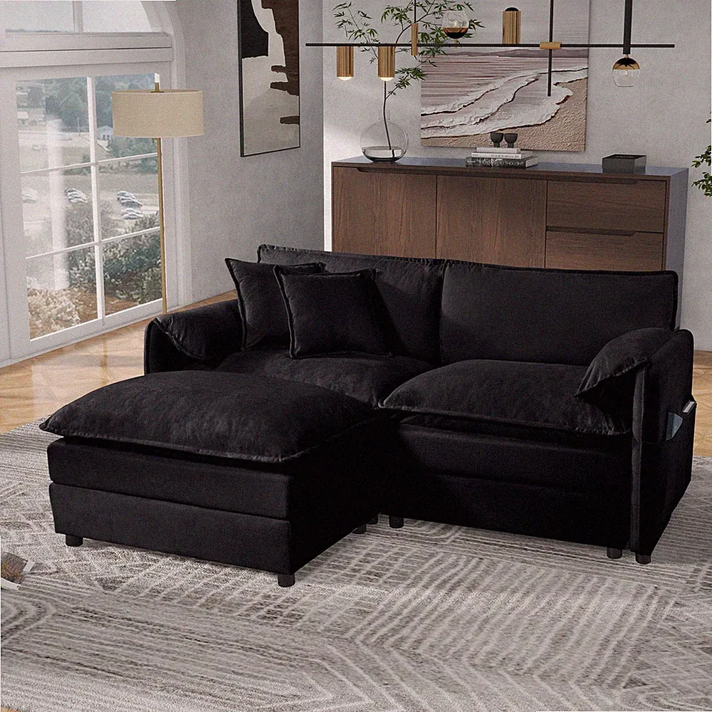 Deep Seat Sectional Sofa Cloud Couch with Ottoman, Modern Chenille Comfy Love