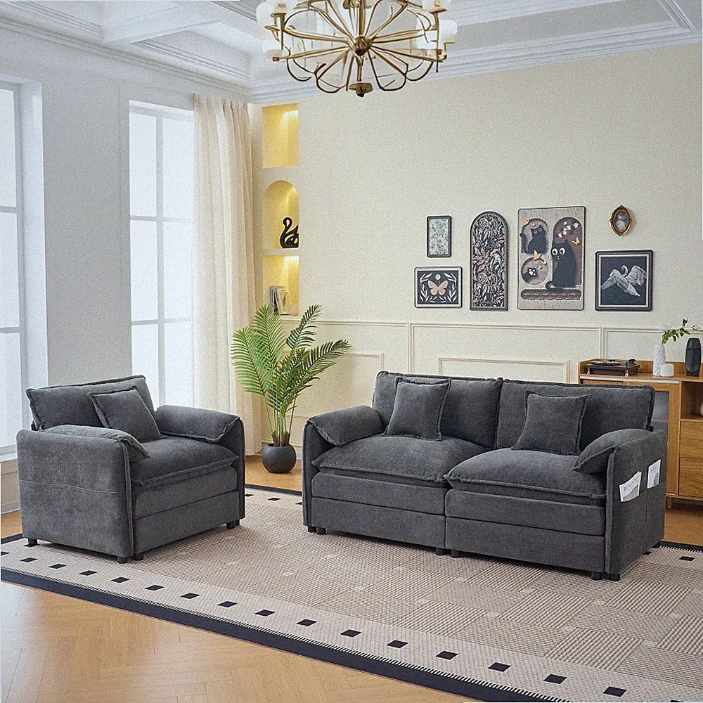 Deep Seat Sectional Sofa, Modern Chenille Loveseat with Pillows for Living Room