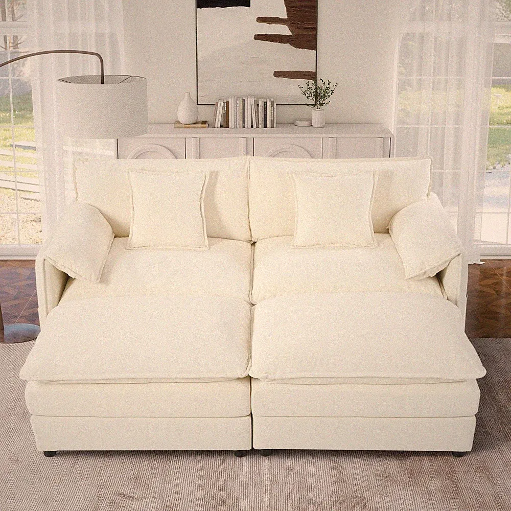 Deep Seat Sectional Sofa with 2 Ottomans, Modular Loveseat Chenille Fabric