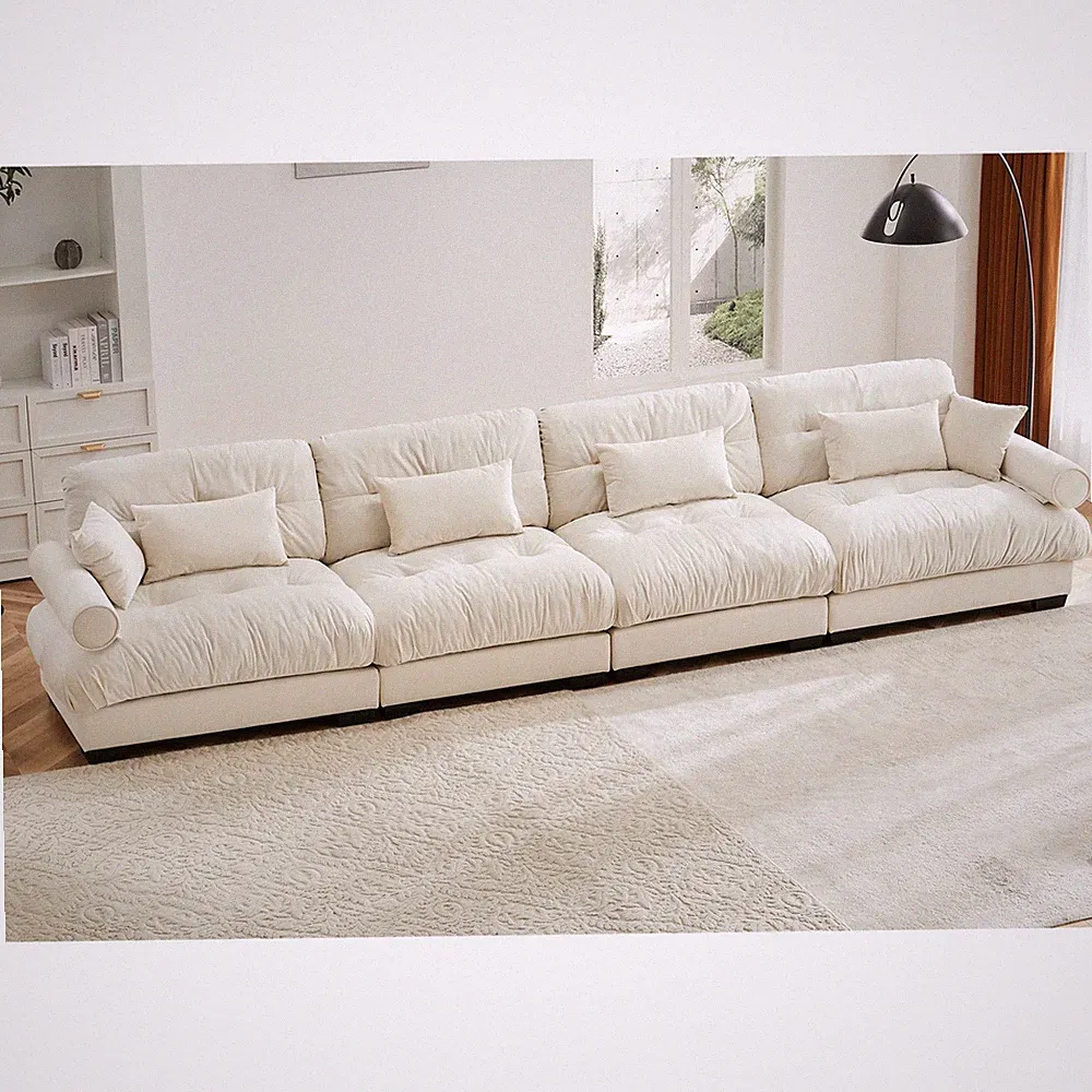 Deep Seat Velvet Sectional Sofa Ottoman Cream Cloud Couch L Shaped